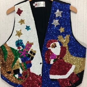 001‎ USA Sequined Santa Reindeer Christmas Vest Women's Large L
